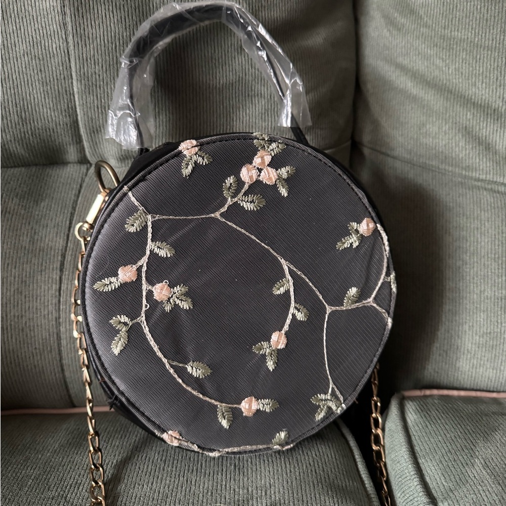 Floral Embroidered Black Round Bag